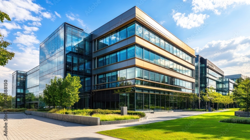 Modern office building with glass facade and landscaped surroundings. Modern office building with glass facade and landscaped surroundings.