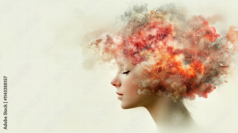 A surreal depiction of a profile with vibrant, colorful clouds representing thoughts and creativity emanating from the head A surreal depiction of a profile with vibrant, colorful clouds representing thoughts and creativity emanating from the head