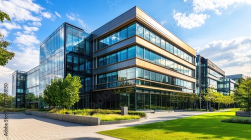 Wallpaper Mural Modern office building with glass facade and landscaped surroundings. Torontodigital.ca