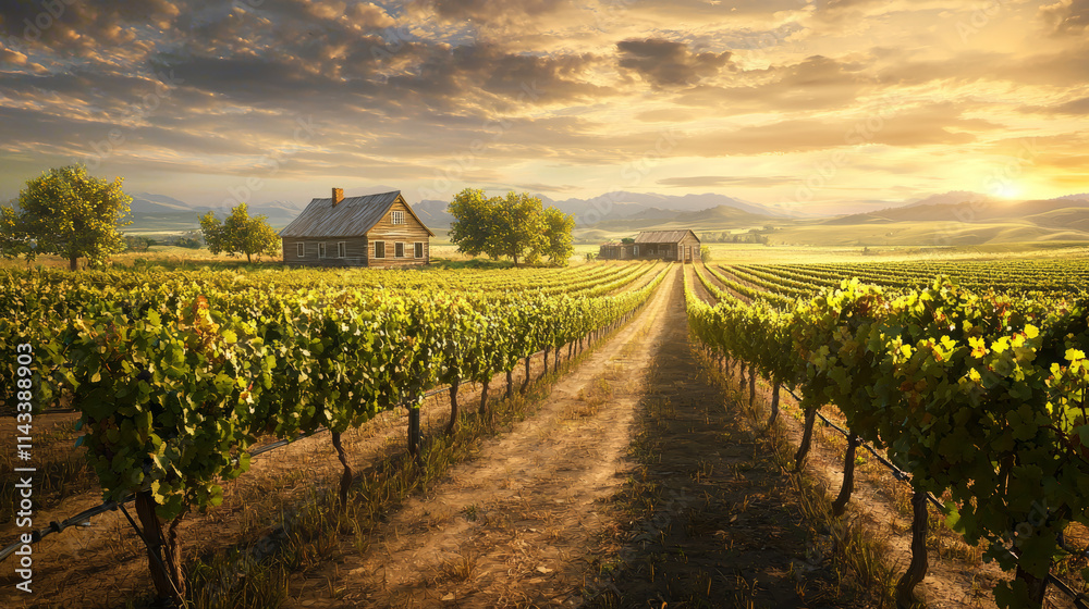 Naklejka premium Sunset Over a Scenic Tuscan Vineyard with Rustic Farmhouses