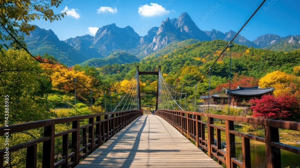 Obraz premium Scenic bridge surrounded by vibrant autumn foliage and majestic mountains.