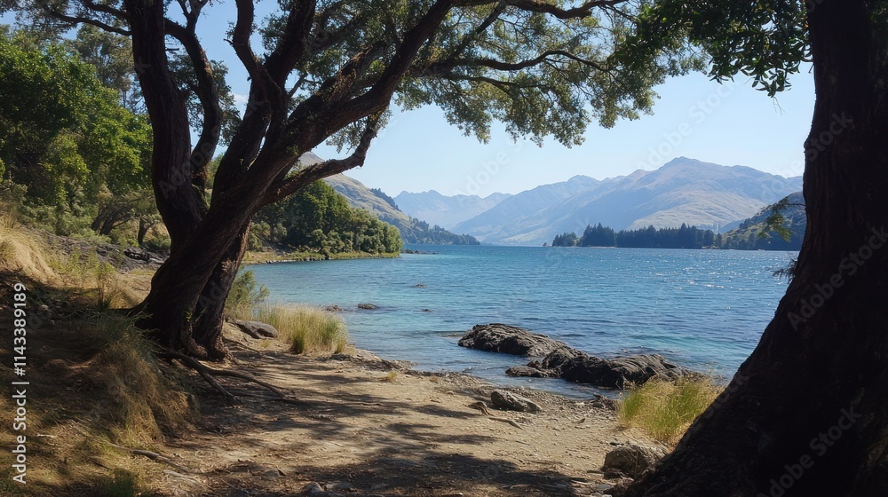 Scenic view of a tranquil lake surrounded by mountains and trees. Scenic view of a tranquil lake surrounded by mountains and trees.