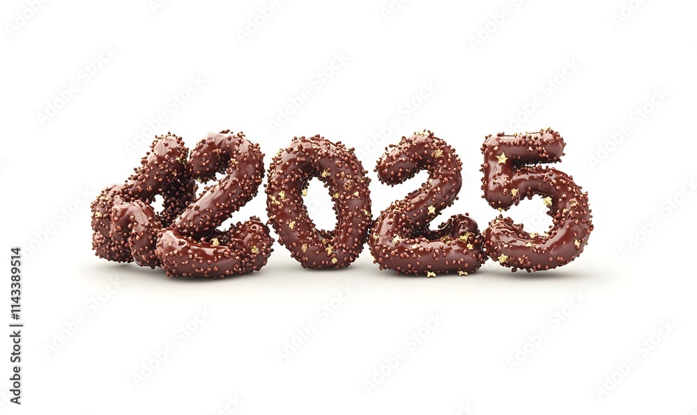 2025 chocolate numbers with golden sprinkles on white. 2025 chocolate numbers with golden sprinkles on white.