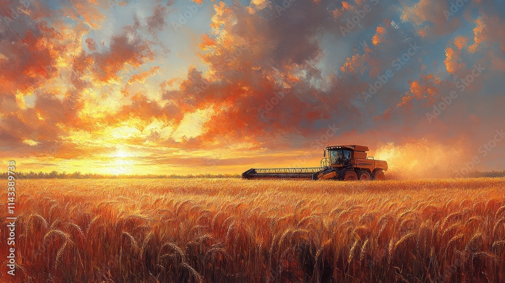 Fototapeta premium Wheat Harvesting at Sunset in a Golden Field with Combine Harvester