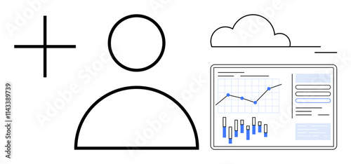 Plus sign, user icon, cloud graphic, and data analytics chart with line and bar graphs. Ideal for user management, cloud computing, data analysis, online services, business intelligence, tech