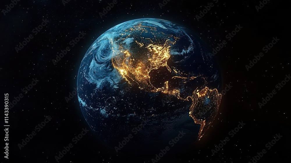 Earth from Space Night View of North America with City Lights and Celestial Elements in Digital Art Earth from Space Night View of North America with City Lights and Celestial Elements in Digital Art