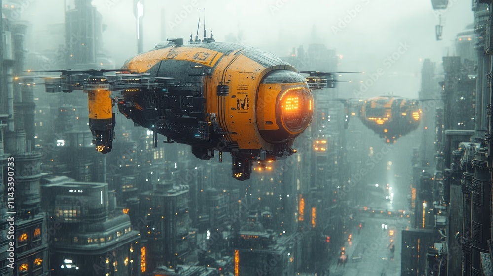 Futuristic drone flies rainy city streets. Futuristic drone flies rainy city streets.