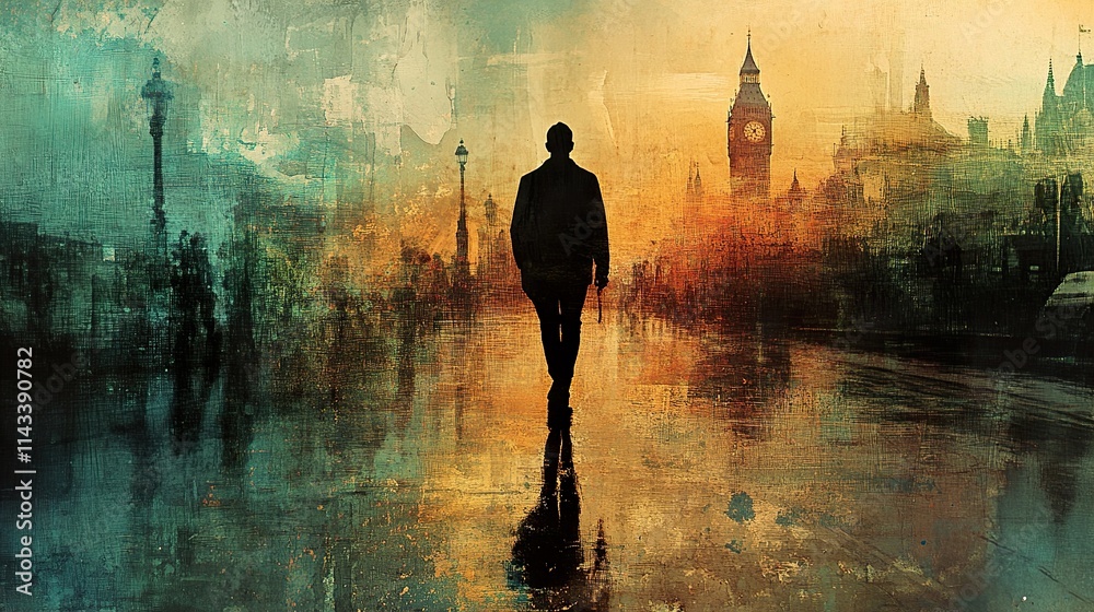Fototapeta premium Solitary Figure in London: A Rainy Evening