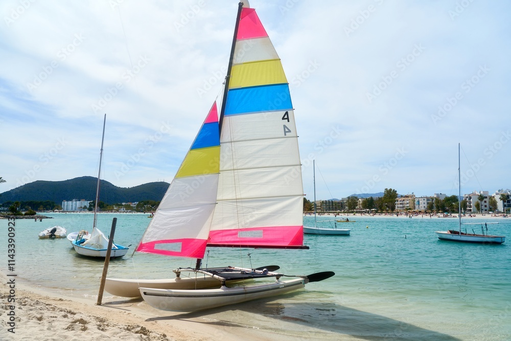 Naklejka premium Sailing on a tranquil summer sea with colorful sailboats in a beautiful coastal setting