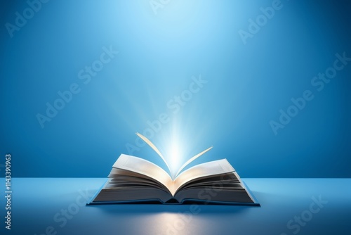 an open book with a light coming out of it on a table
