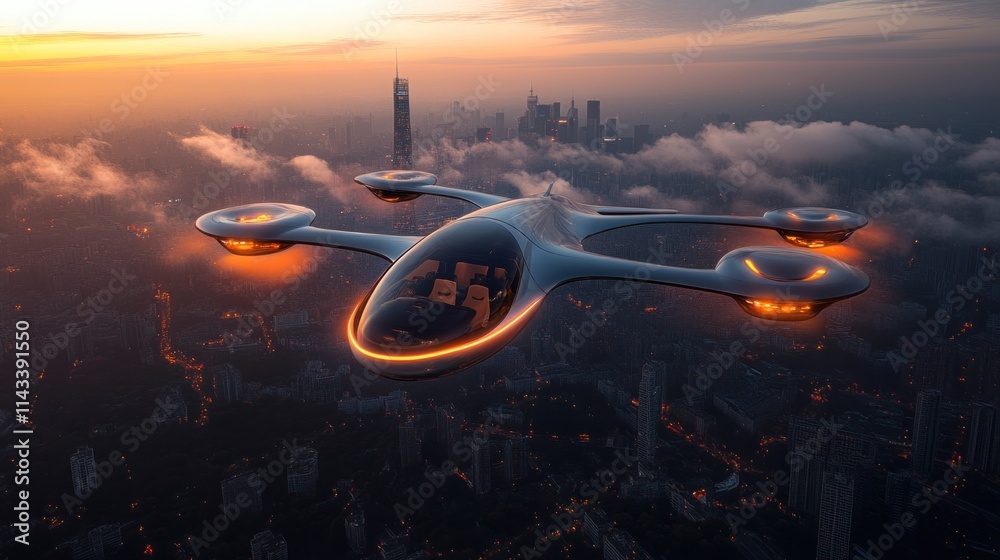 Futuristic drone over illuminated city at sunset. Futuristic drone over illuminated city at sunset.