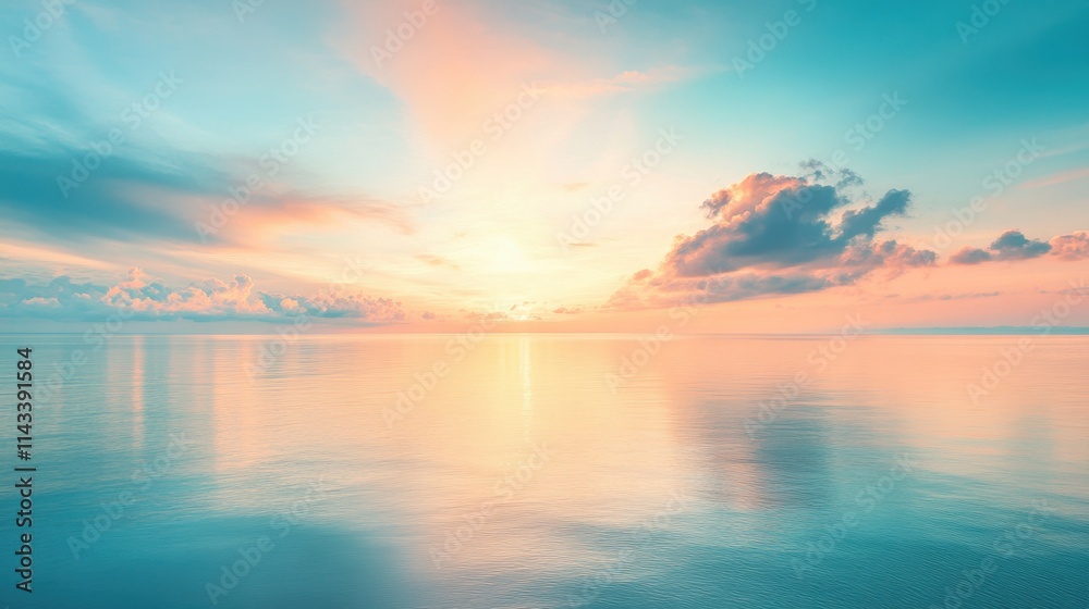 Naklejka premium Serene Sunrise Over Calm Ocean Waters with Soft Pastel Colors