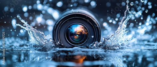 A camera lens surrounded by water droplets splashing with motion blur, black background, sharp focus, dynamic artistic shot, highquality representation of photography equipment photo