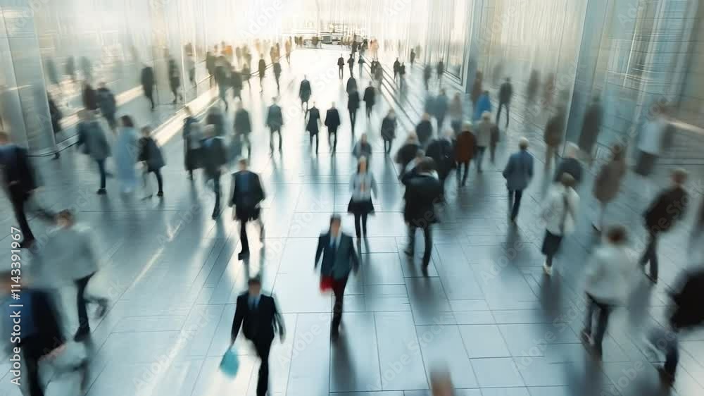The Urban Flow: A captivating high-angle motion blur shot depicts a bustling crowd of diverse business people navigating a modern city hallway. The image evokes a sense of dynamism, energy.