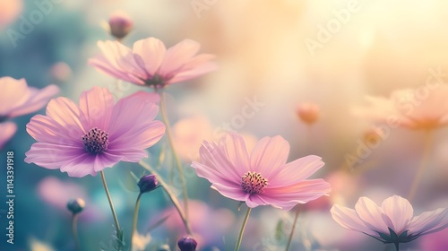 Delicate Pink Cosmos Flowers Bask In Soft Sunlight