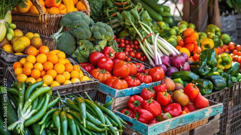 A vibrant display of fresh vegetables and fruits at a busy farmers market, AI generated image A vibrant display of fresh vegetables and fruits at a busy farmers market, AI generated image