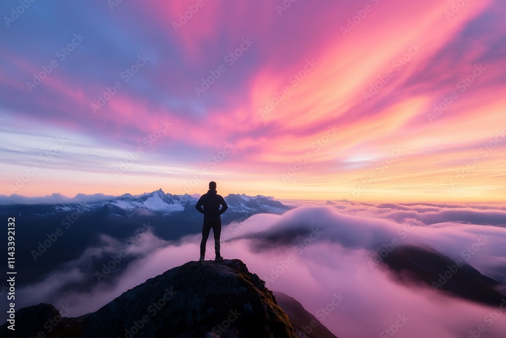A silhouetted figure stands atop a mountain against a vibrant sunset sky. A silhouetted figure stands atop a mountain against a vibrant sunset sky.