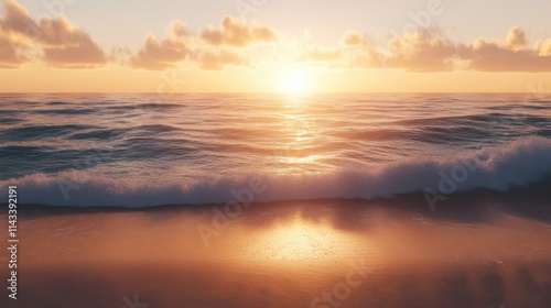Serene Sunset Over Gentle Waves on Tranquil Ocean Shoreline