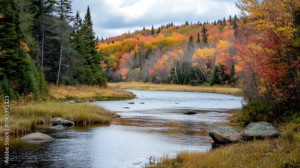 Autumn River Landscape. Colorful Fall Foliage Along a Serene River.