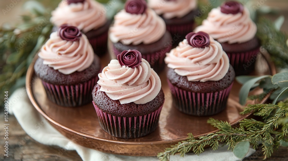 Red velvet cupcakes with pink frosting and maroon rose decorations on a copper tray. Red velvet cupcakes with pink frosting and maroon rose decorations on a copper tray.