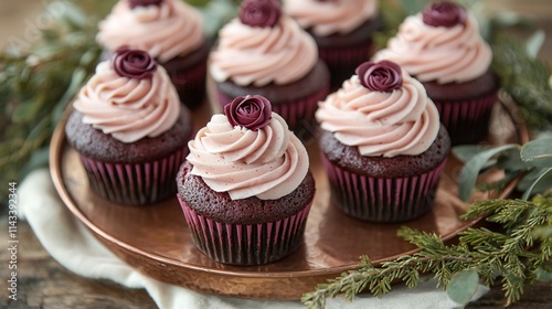 Red velvet cupcakes with pink frosting and maroon rose decorations on a copper tray.