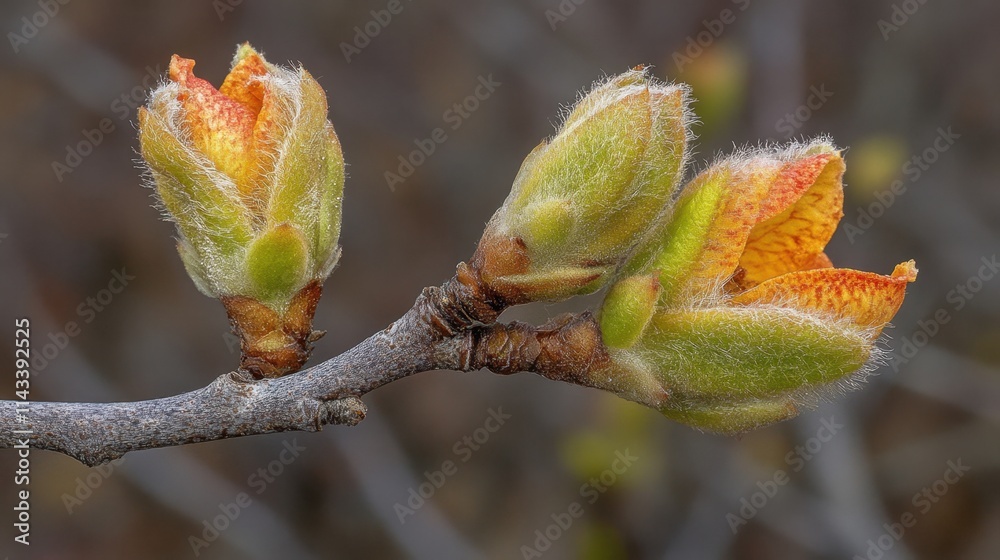 Fototapeta premium Fresh Spring Buds Emerging on a Branch with Soft Green Leaves