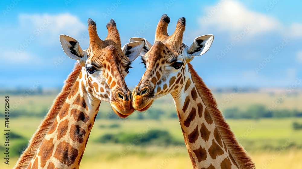 Fototapeta premium Two giraffes standing close together, showcasing their graceful necks and unique patterns. serene background enhances beauty of these majestic animals