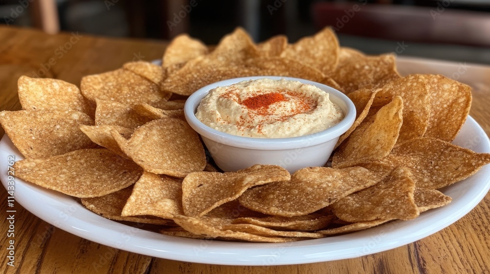 Crispy Tortilla Chips with Creamy Hummus on Rustic Wooden Table Crispy Tortilla Chips with Creamy Hummus on Rustic Wooden Table