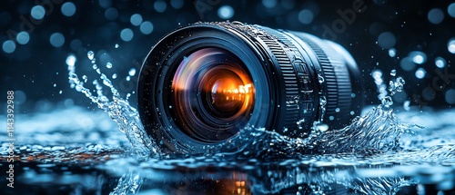 A professional camera lens surrounded by water droplets, splash motion effect, dynamic image, artistic concept, sharp focus on lens, black background, highquality photography shot