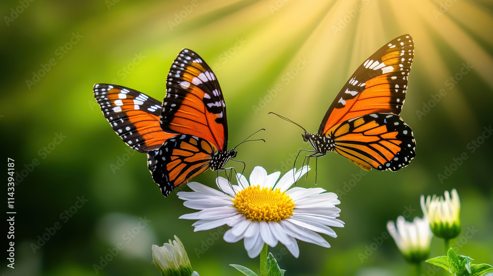 Obraz premium Two butterflies fluttering around flower, showcasing their vibrant orange wings in serene garden setting. sunlight enhances beauty of nature