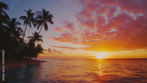 A stunning tropical sunset over the ocean, featuring dramatic orange and pink hues reflecting on the water, with silhouetted palm trees framing the serene scene, perfect for vacation inspiration.
