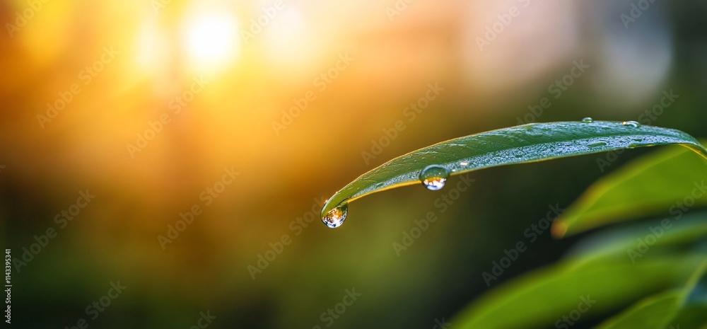A close-up of a leaf with water droplets, illuminated by sunlight. A close-up of a leaf with water droplets, illuminated by sunlight.