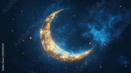 Eid Al-Fitr Illustration with Crescent Moon and Stars on Blue Background for Islamic Celebration