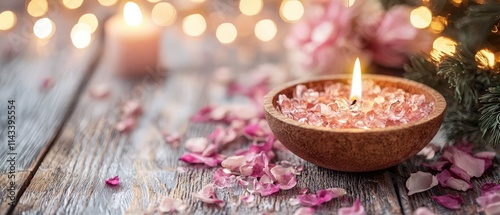 A serene scene featuring a lit candle in a bowl surrounded by flower petals, creating a peaceful and romantic ambiance.