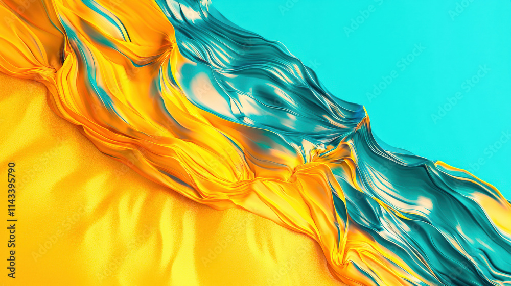 Fototapeta premium A vibrant abstract background depicting a sunny beach scene, with textured yellow sand seamlessly blending into a tranquil turquoise blue water, evoking a sense of relaxation and warmth.