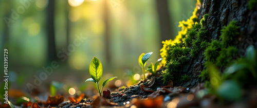 Wallpaper Mural Tender seedlings emerge, bathed in golden sunlight, at the base of a moss-covered tree. A breathtaking scene of new life and nature's resilience. Torontodigital.ca