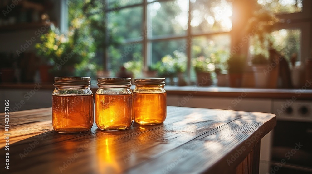 Cozy kitchen scene with wooden table jars and soft natural light Cozy kitchen scene with wooden table jars and soft natural light