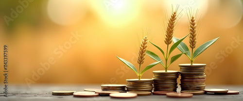 Wallpaper Mural Golden wheat sprouts from stacks of coins, symbolizing growth, investment, and the harvest's financial success.  A prosperous future awaits! Torontodigital.ca