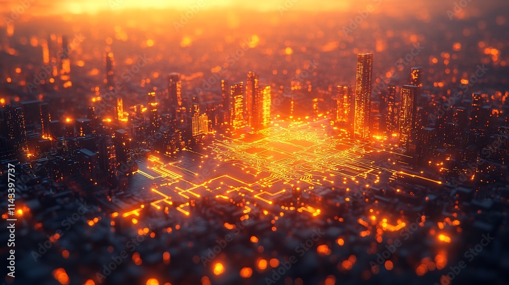 Naklejka premium Futuristic city built on a glowing circuit board at sunset.