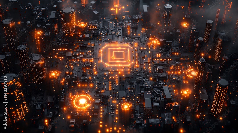 Fototapeta premium Futuristic city built on circuit board with glowing lights.