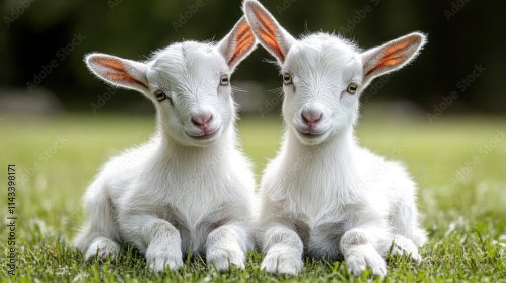 Two adorable white baby goats sitting side-by-side in a grassy field. Two adorable white baby goats sitting side-by-side in a grassy field.