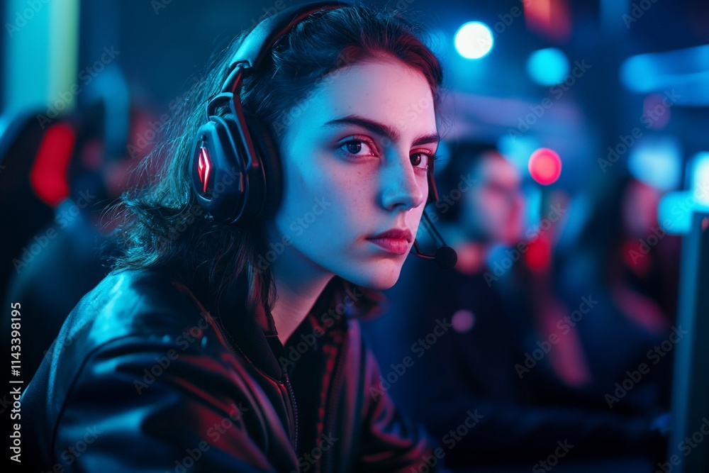 A focused gamer wearing a headset in a vibrant gaming environment. A focused gamer wearing a headset in a vibrant gaming environment.
