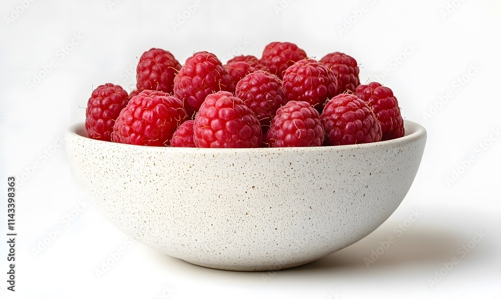 Ripe raspberries in a white speckled bowl, isolated on white. Ripe raspberries in a white speckled bowl, isolated on white.