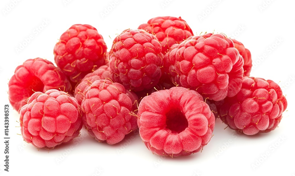 Pile of fresh red raspberries on white background. Pile of fresh red raspberries on white background.