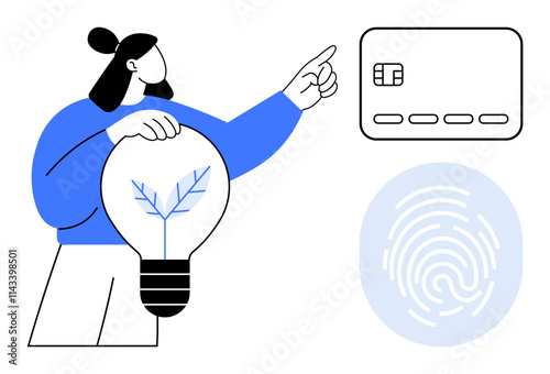 Person holding lightbulb with leaf design, pointing at credit card and fingerprint icon. Ideal for financial technologies, eco-friendly solutions, innovation, security, identity verification, online