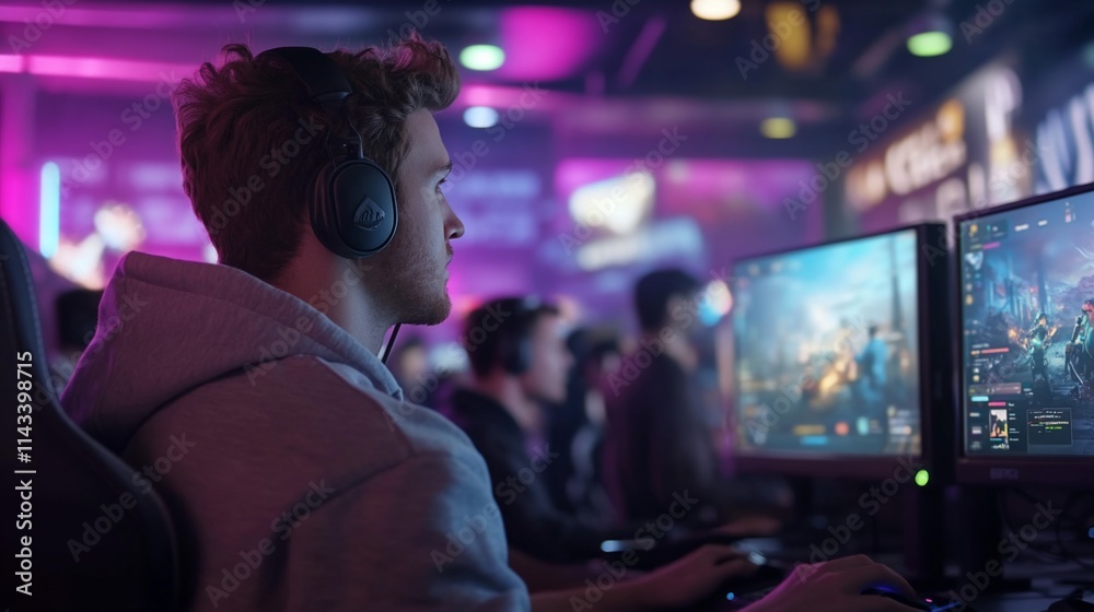 Gamer focused on screens during an esports event in a vibrant venue. Gamer focused on screens during an esports event in a vibrant venue.