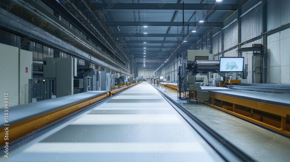A busy billboard production line, showing panels moving along conveyor belts, with large machines cutting and printing them, in a spacious, industrial factory. A busy billboard production line, showing panels moving along conveyor belts, with large machines cutting and printing them, in a spacious, industrial factory.