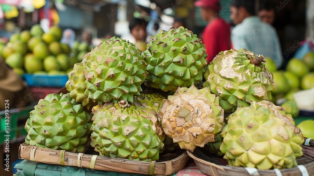 Obraz premium Fresh Green Sugar Apples at a Bustling Market: A Glimpse into Local Produce