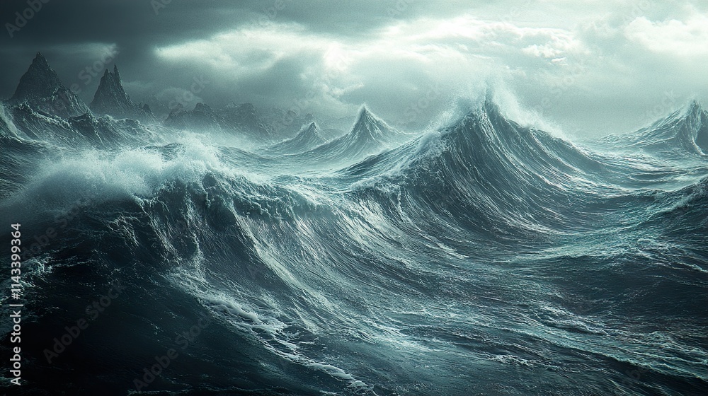 Fototapeta premium Dramatic Ocean Waves Crashing Against Rugged Mountains