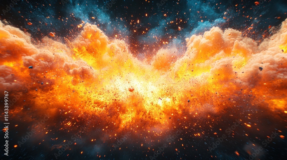 Naklejka premium Fiery explosion, debris, cosmic dust, intense energy.
